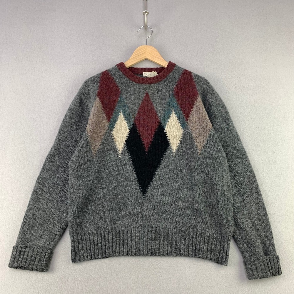 Vintage Cattivo Shetland Wool Sweater Mens Medium Gray Argyle Crewneck Pullover